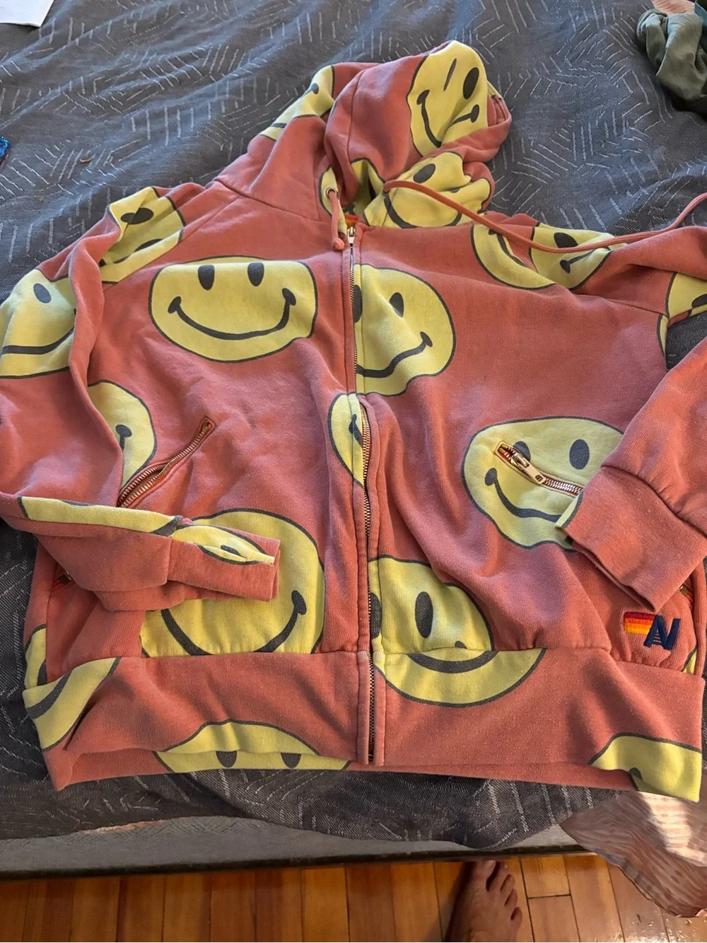Aviator Nation women Zip Hoodie in Pink with Yellow Smiley Faces - Picture 1 of 4